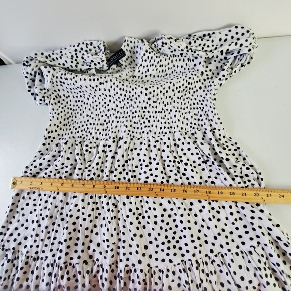 Eloquii Polka Dot Ruffle Hem Dress Size 14 Smocked Bodice Flowy V-Neck Feminine - Picture 10 of 15